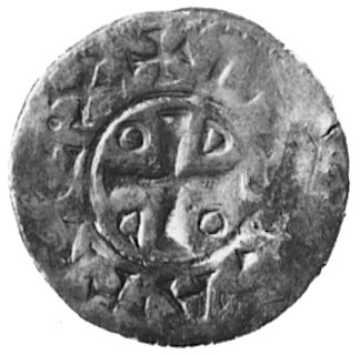 król Otto III, denar, Aw: Krzyż, w polu ODDO, napis: DIL...A REX, Rw: Kapliczka i napis: .ATEHLH,Dbg.1167, 1,6 g.