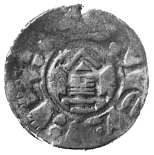 król Otto III, denar, Aw: Krzyż, w polu ODDO, napis: DIL...A REX, Rw: Kapliczka i napis: .ATEHLH,Dbg.1167, 1,6 g.