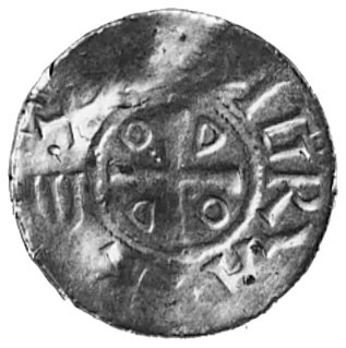 król Otto III, denar, Aw: Krzyż, w polu napis ODDO, w otoku: DILRA REX, Rw: Kapliczka i napis:ATEAHL.., Dbg.1167, 1,5 g.
