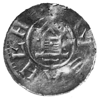 król Otto III, denar, Aw: Krzyż, w polu napis ODDO, w otoku: DILRA REX, Rw: Kapliczka i napis:ATEAHL.., Dbg.1167, 1,5 g.