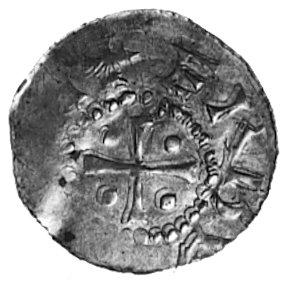 Bernhard II 1011-1059, denar, Aw: Dłoń, w otoku napis, Rw: Krzyż, w polu cztery kulki, w otoku napis,Dbg.590a, Bonhoff 72, 0,89 g.