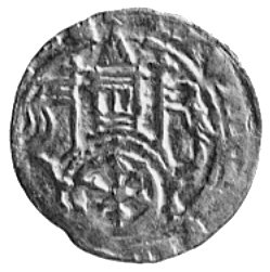 Johann Hoet 1350-1366, denar, Aw: Biskup z pastorałem i księgą, Rw: Koło pod mostem łukowym, nad nimwieża i dwa sztandary, Bonhoff 1678, 0,6 g.