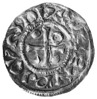 książę Henryk II Zgodny 985-995, denar, Aw: Krzyż, w polu dwie kropki, w otoku napis: HENRICVS DVX,Rw: Kapliczka i napis poziomy ECC, w otoku: REGNA CIVITAS, Hahn 22b2, 1,67 g.