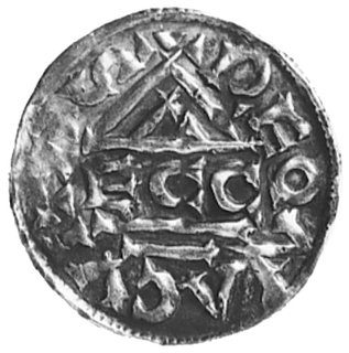 książę Henryk II Zgodny 985-995, denar, Aw: Krzyż, w polu dwie kropki, w otoku napis: HENRICVS DVX,Rw: Kapliczka i napis poziomy ECC, w otoku: REGNA CIVITAS, Hahn 22b2, 1,67 g.