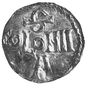 denar 1 połowa XI w., Aw: Krzyż, w polu trzy kulki i znaczek mennicy w Soest, Napis: ODDO+MP-AVG, Rw:Napis poziomy S COLONIA, Bonhoff 1630, Häv. 849, 1,4 g.