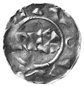 Henryk I 916-936, Aw: Napis w polu REX, w otoku HENRIC, Rw: Krzyż, w polu cztery kulki, w otoku napis:VIDVNI, Dbg.91a, Bonhoff 1698, 1,05 g.
