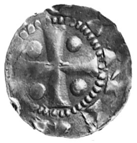 Henryk I 916-936, Aw: Napis w polu REX, w otoku HENRIC, Rw: Krzyż, w polu cztery kulki, w otoku napis:VIDVNI, Dbg.91a, Bonhoff 1698, 1,05 g.