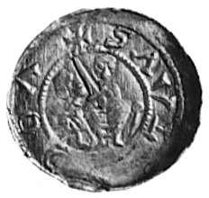 denar, Aw: Książe na tronie, w otoku napis VODIZLVAS, Rw: Rycerz z mieczem i lew, Kop.I. 1 -RR-, Gum.84