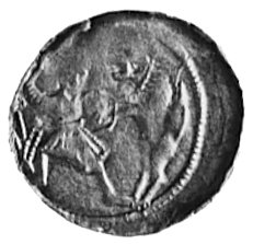 denar, Aw: Książe na tronie, w otoku napis VODIZLVAS, Rw: Rycerz z mieczem i lew, Kop.I. 1 -RR-, Gum.84