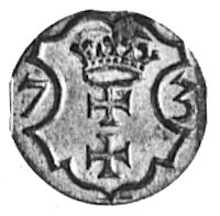 denar 1573, Gdańsk, Aw: Orzeł, Rw: Herb Gdańska,