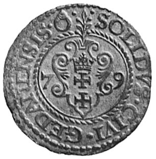 szeląg 1579, Gdańsk, Aw: Orzeł i napis, Rw: Herb