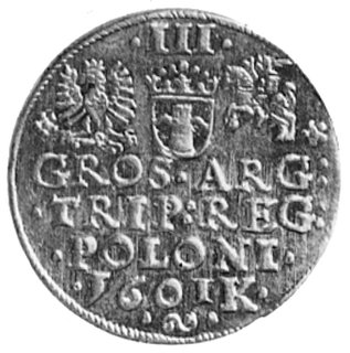 trojak 1601, Kraków, Aw: Popiersie w lewo i napis, Rw: Herby i napis, Kop.LII.2 -R-, Wal.XCI