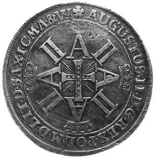 talar 1702, Lipsk, Aw: Krzyż z czterokrotnie powtórzonym monogramem i napis, Rw: Tarcza herbowa i napis,Kop.306.II -R-, Dav. 1613
