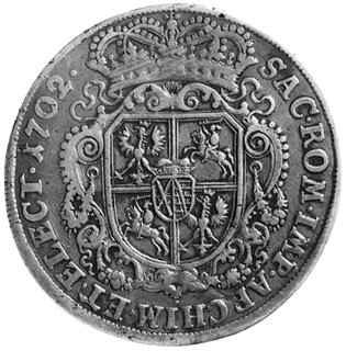 talar 1702, Lipsk, Aw: Krzyż z czterokrotnie powtórzonym monogramem i napis, Rw: Tarcza herbowa i napis,Kop.306.II -R-, Dav. 1613