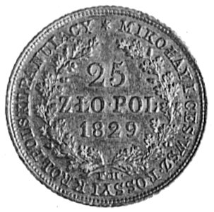 25 złotych 1829, Warszawa, Aw: Głowa w wieńcu i napis, Rw: j.w., Plage 20, Fr.110(39)