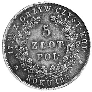 5 złotych 1831, Warszawa, Aw: Tarcza herbowa i napis, Rw: Nominał w wieńcu i napis, Plage 272 R, odmiana17 211/625