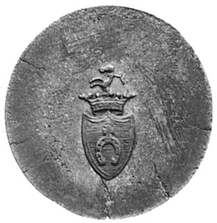 moneta zastępcza nieznanego majątku, Aw: Nominał 1, Rw: Herb Pobóg, mosiądz