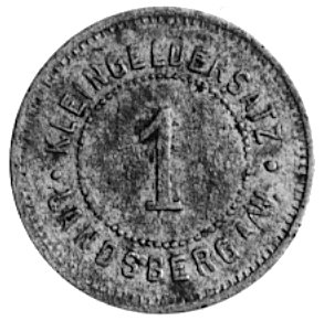 moneta zastępcza Magistratu Landsberg (Gorzów Wielkopolski), Aw: Nominał 1 i napis, Rw: Nominał1 i napis, Menzel 7675, cynk