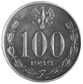 100 bez określenia jednostki pieniężnej 1922, Aw: Orzeł, nominał i data w wieńcu, Rw: Popiersie Piłsudskiegow lewo i napis, wybito 50 sztuk, srebro 8,83 g.