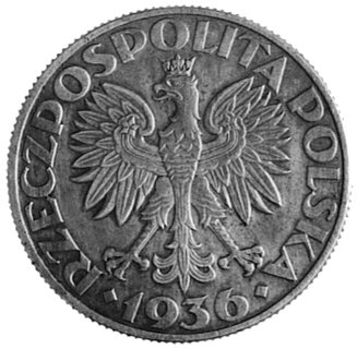 5 złotych 1936, żaglowiec z wypukłym napisem PRÓ
