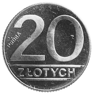 20 złotych 1989 z wypukłym napisem PRÓBA na rewersie, próba technologiczna