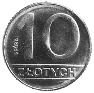 10 złotych 1989 z wypukłym napisem PRÓBA na rewe