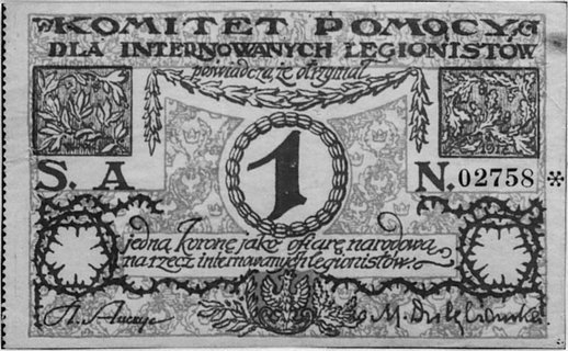 bon na 1 koronę b.r., emitowany przez Komitet Pomocy dla internowanych legionistów, Jabł.715