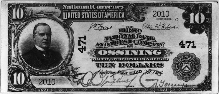 10 dolarów 1903, FIRST NATIONAL BANK AND TRUST COMPANY OF OSSINING, NEW YORK,numeracja 471 w pionie i 2010 w poziomie