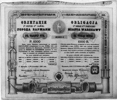 4 1/2 procentowa obligacja Miasta Warszawy na 1.000 rubli z 1/13.X.1896, seria piąta, bardzo dekoracyjny drukw kolorze czarnym i czerwonym