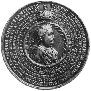 medal sygnowany IH ( Jan Höhn) wybity w 1684 r. z okazji utworzenia koalicji antytureckiej przez Austrię,Polskę, Rosję i Wenecję, Aw: Popiersie króla, wokół napis w pięciu wierszach w otoku, Rw: Trzy orłysymbolizujące Austrię, Rosję i Polskę oraz uskrzydlony lew