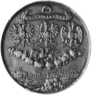 medal sygnowany IH ( Jan Höhn) wybity w 1684 r. z okazji utworzenia koalicji antytureckiej przez Austrię,Polskę, Rosję i Wenecję, Aw: Popiersie króla, wokół napis w pięciu wierszach w otoku, Rw: Trzy orłysymbolizujące Austrię, Rosję i Polskę oraz uskrzydlony lew