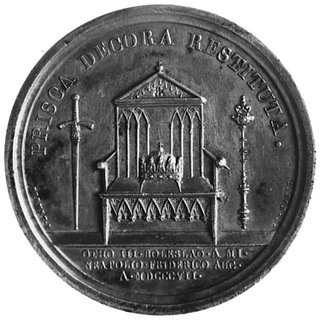 medal sygnowany ANDRIEU F. DENON DIR, wybity w 1807 roku na pamiątkę utworzenia KsięstwaWarszawskiego przez Napoleona I, Aw: Głowa Napoleona w wieńcu laurowym i napis, Rw: Gotycki tron, pobokach miecz i berło