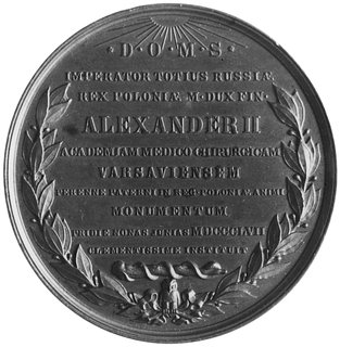medal sygnowany J. MINHEYMER, wybity w 1857 roku dla uczczenia otwarcia Akademii Medy-czno-Chirurgicznej w Warszawie, Aw: Głowa Aleksandra II i napis, Rw: W wieńcu laurowym napis w 10wierszach, poniżej sowa- symbol wiedzy i wąż eskulapa na lasce, jeden z ciekawszych medali autorstwa JanaMinheymera- medaliera warszawskiego, brąz 62,5 mm, 114,40 g. ładna stara patyna
