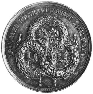 medal nagrodowy autorstwa Minheymera i Oleszczyńskiego, wybity w 1858 roku na zlecenie TowarzystwaRolniczego, Aw: Personifikacja Rolnictwa i zwierzęta domowe, w otoku napis, Rw: Trzy wieńce nagrodowei napis, H-Cz.3822, srebro 42,5 mm, 34,31 g., piękna stara patyna