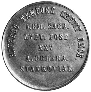 medal nie sygnowany wybity w Petersburgu w 1879 roku z okazji 25 rocznicy małżeństwa hrabiego EmerykaHutten-Czapskiego, Aw: Tarcze herbowe Czapskich i Meyendorffów i napisy, Rw: Napisy, H-Cz.6759, srebro39 mm, 29,28 g.