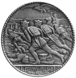 medal sygnowany J.WYSOCKI wybity w 1916 roku upamiętniający powstanie Legionów, Aw: Żołnierze1 Kompanii Kadrowej w ataku na bagnety i napis, Rw: Dwie nagie postacie przy kowadle