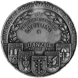 medal nie sygnowany wybity w 1929 roku z okazji międzynarodowej wystawy filatelistycznej w Gdańsku, Aw:Żaglowiec na tle Gdańska i napis, Rw: Herby Gdańska i miast przyległych i napis, brąz 51,0 mm, 50,36 g.
