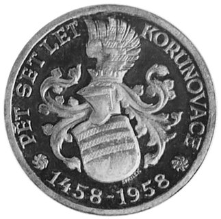 medal sygnowany SPANEK, wybity w 1958 roku z okazji 500-nej rocznicy koronacji Jiri z Podiebradu na królaCzech, Aw: Popiersie i napis, Rw: Tarcza herbowa i napis, srebro puncowane, 29,0 mm, 11,89 g.