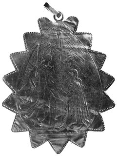 medal religijny, XVII w., sygnowany BERNS (?) w kształcie liścia, Aw: Scena Zwiastowania, Rw: ScenaZmartwychwstania, złoto 55,5 x 44,5 mm, 16,28 g.