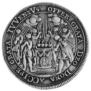 medal nie sygnowany XVII w., Aw: Sześć postaci otaczających ołtarz na którym cztery serca i wokół napis, Rw:Anioł z gałązkami laurowymi i palmowymi unoszący się nad ratuszem i napis wokół, srebro 25,0 mm, 4,02 g.