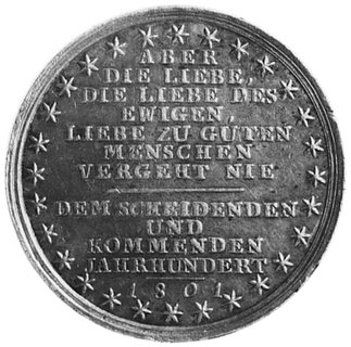 Prusy, medal sygnowany LOOS, wybity w 1801 roku, Aw: Uskrzydlony Anioł Śmierci z kosą nad muramiobronnymi i napis, Rw: W otoku z gwiazdek napis w 12 wierszach, srebro 36,5 mm, 13,71 g.