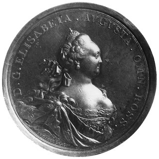 medal sygnowany TIMOFIEJ IWANOW, wybity w 1741 roku dla upamiętnienia wypadków związanychz przejęciem tronu przez Elżbietę, Aw: Popiersie carycy i napis wokół, Rw: Elżbieta z krzyżem w dłoni na czelewiernych jej żołnierzy i napisy, srebro 64,5 mm, 99,28 g.
