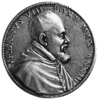 medal nie sygnowany wybity w 1626 roku, Aw: Popiersie papieża Urbana VIII i napis, Rw: Klęczący papieżprzed postacią uskrzydlonej Sprawiedliwości i napis, srebro 35,5 mm, 21,82 g.