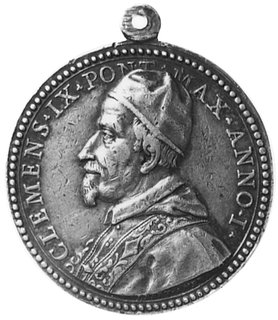medal z uszkiem sygnowany ALBERT AMERANO wybity w 1668 roku, Aw: Popiersie Klemensa IX i napis,Rw: Orzeł karmiący cztery małe orlęta w gnieździe i napis, srebro 34,5 mm, 22,06 g.
