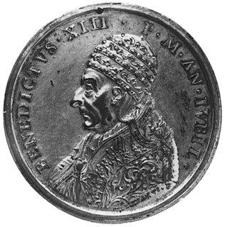 medal sygnowany HAMERANVS F., wybity w 1728 roku, Aw: Popiersie Benedykta XIII i napis, Rw:Procesja biskupów i klęczący tłum, brąz złocony 41,0 mm, 31,17 g., złocenia poczerniałe