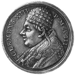 medal nie sygnowany wybity w 1761 roku, Aw: Popiersie Klemensa XIII i napis, Rw: Dwa żaglowcew ufortyfikowanym porcie (Citta Vechia), srebro 34,5 mm, 17,73 g.
