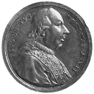 medal nie sygnowany, wybity w 1786 roku, Aw: Popiersie Piusa VI i napis, Rw: Front pałacu i napis, srebro40,5 mm, 25,14 g.