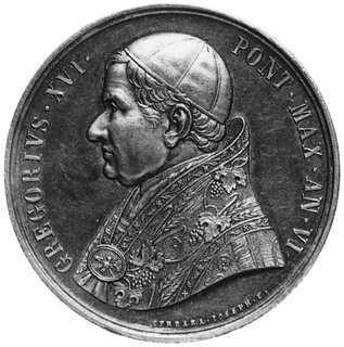 medal sygnowany CERBARA IOSEPH F., wybity w 1837 roku, Aw: Popiersie Grzegorza XVI i napis, Rw:Siedząca postać kobieca na tle umocnień miejskich, srebro 43,5 mm, 34,05 g.