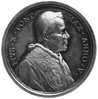medal sygnowany BIANCHI, wybity w 1907 roku, Aw: Popiersie Piusa X i napis, Rw: Papież dyskutującyz uczonymi, srebro 44,0 mm, 34,80 g.