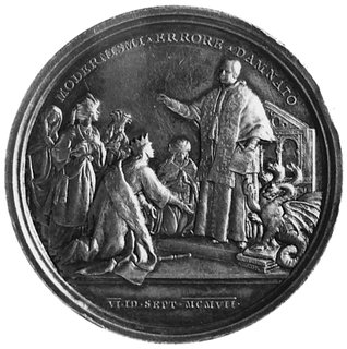 medal sygnowany BIANCHI, wybity w 1907 roku, Aw: Popiersie Piusa X i napis, Rw: Papież dyskutującyz uczonymi, srebro 44,0 mm, 34,80 g.